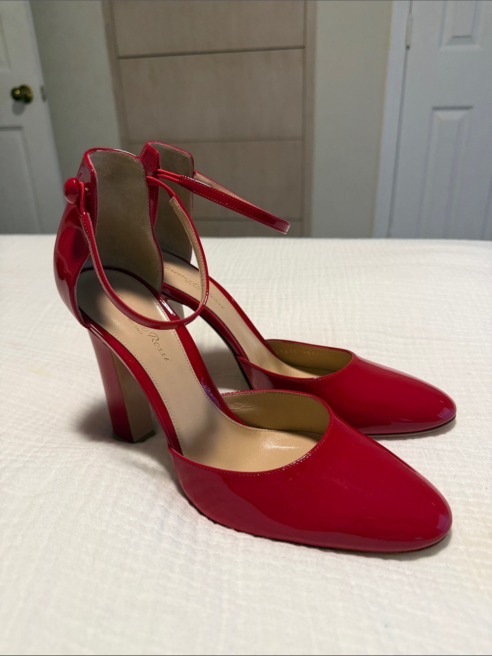 Gianvito Rossi Red Patent Ankle-Strap Block Heel Pumps